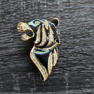 VTG Panther Pin Brooch Gold Tone-Black Crystal Rhinestones Signed DOANN 1.5"